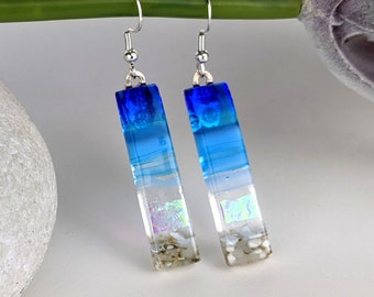 Aqua Turquoise Clear Blue Dangle, Handmade Fused Dichroic Glass Earrings Sea Glass Style Beach Jewelry