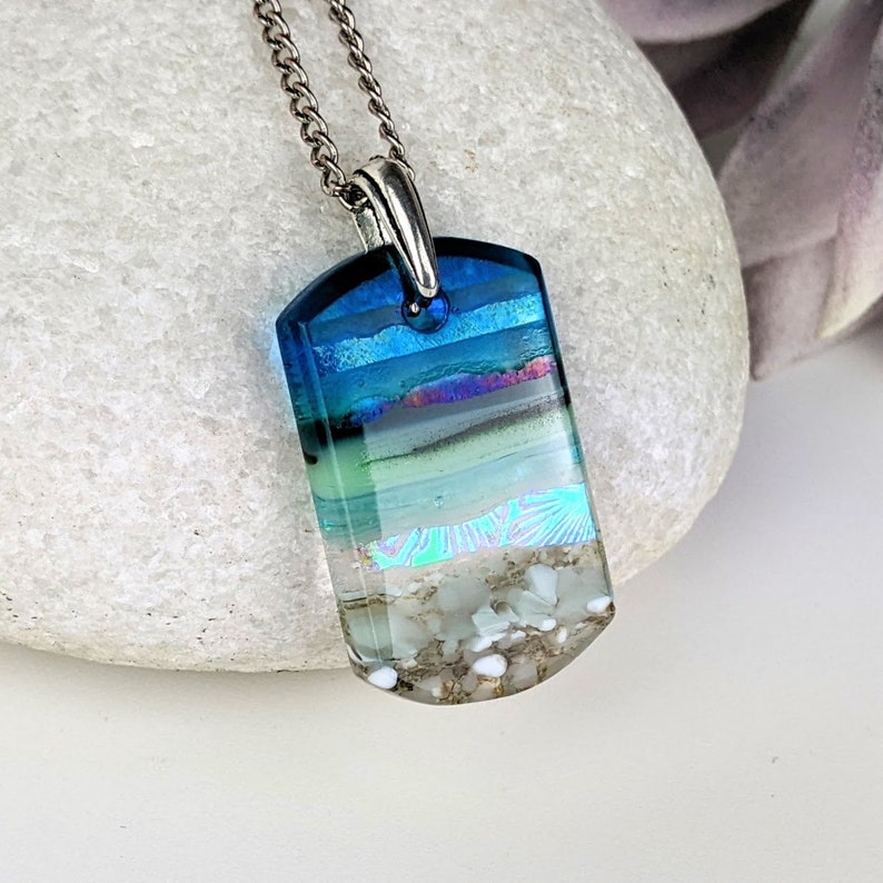 Aqua Turquoise Blue Seascape, Fused Glass Ocean Beach Necklace, Dichroic Aquascape Pendant image 5