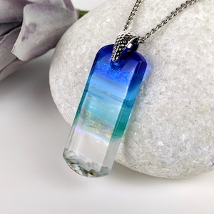 Aqua Turquoise Clear Bright Blue Seascape, Fused Dichroic Glass Ocean Beach Necklace Sea Glass Look Pendant