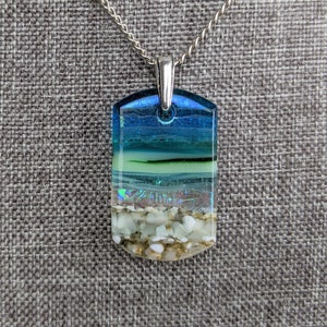 Aqua Turquoise Blue Seascape, Fused Glass Ocean Beach Necklace, Dichroic Aquascape Pendant image 9