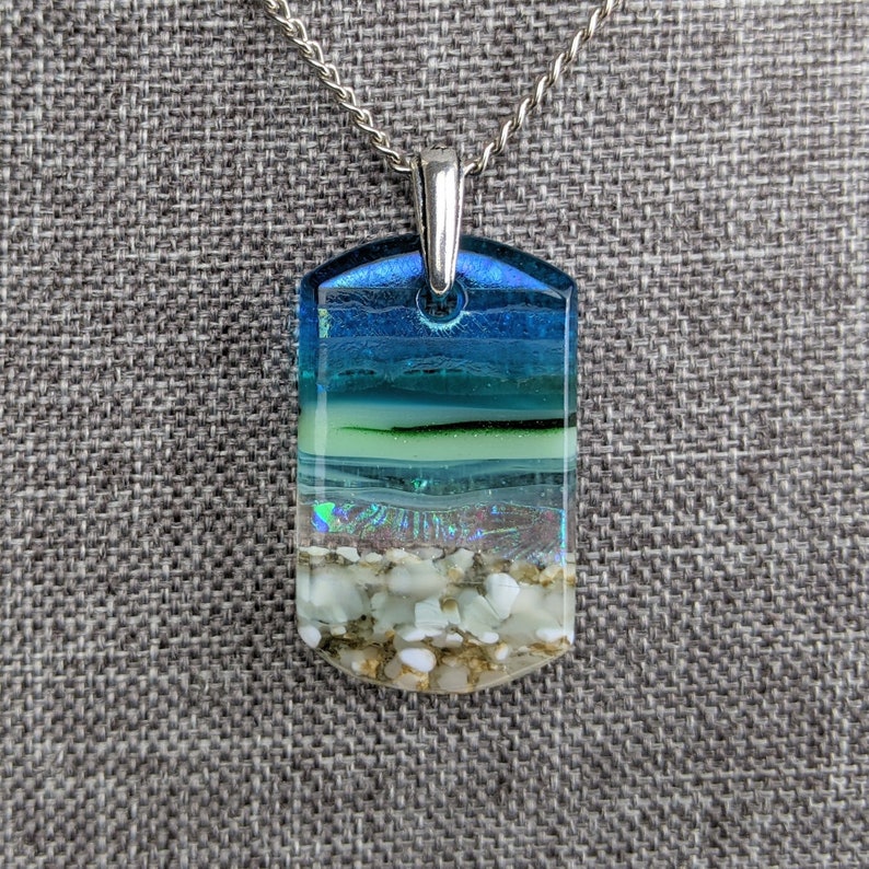 Aqua Turquoise Blue Seascape, Fused Glass Ocean Beach Necklace, Dichroic Aquascape Pendant image 9