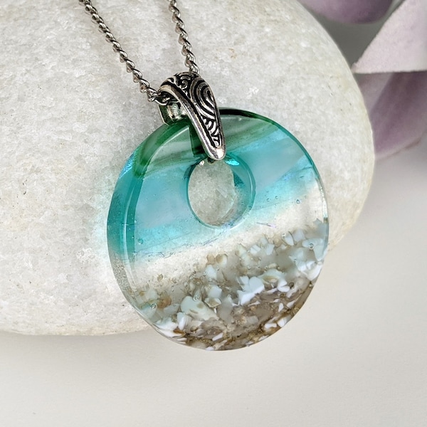 Aqua Turquoise Blue Clear Round Seascape, Fused Sea Glass Style Ocean Beach Necklace, Dichroic Pendant