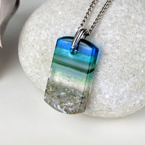 Aqua Turquoise Blue Seascape, Fused Glass Ocean Beach Necklace, Dichroic Aquascape Pendant