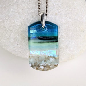 Aqua Turquoise Blue Seascape, Fused Glass Ocean Beach Necklace, Dichroic Aquascape Pendant image 4
