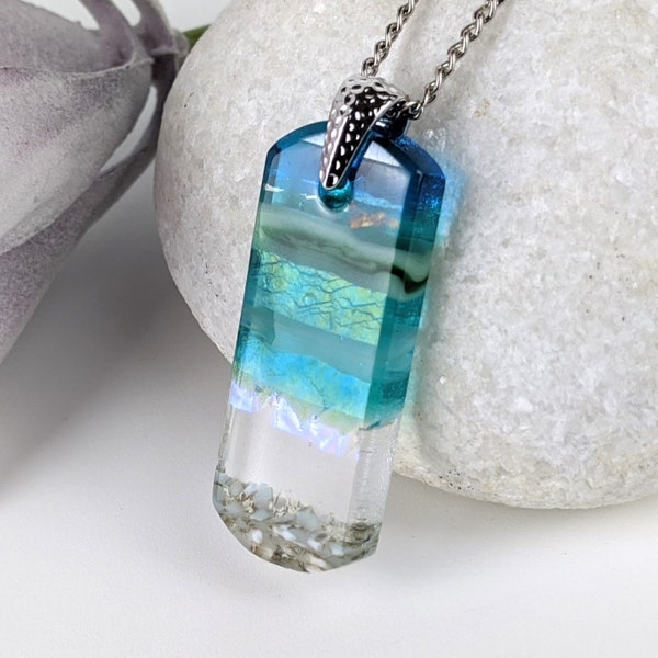 Aqua Turquoise Blue Seascape, Fused Glass Ocean Beach Necklace, Dichroic Aquascape Pendant