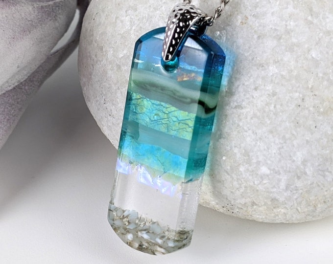 Aqua Turquoise Blue Seascape, Fused Glass Ocean Beach Necklace