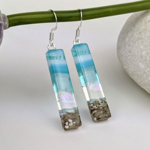 Aqua Clear Blue White Stripe Dangle, Handmade Fused Dichroic Glass Beach Earrings Sea Glass Style Jewelry