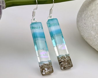 Aqua Clear Blue White Stripe Dangle, Handmade Fused Dichroic Glass Beach Earrings Sea Glass Style Jewelry