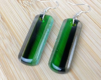 Green Clear Dangle, Fused Glass Earrings, Handmade Earrings, Fused Glass Jewelry, Dichroic Glass, Glass Jewelry