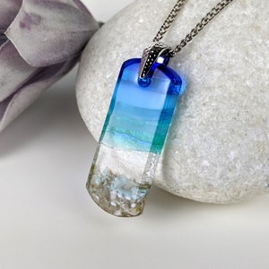 Aqua Turquoise Clear Bright Blue Seascape, Fused Dichroic Glass Ocean Beach Necklace Sea Glass Look Pendant