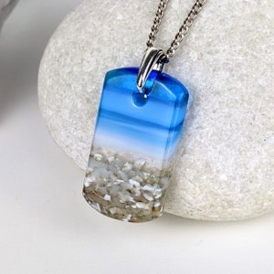 Aqua Turquoise Blue Seascape, Fused Glass Beach Necklace, Glass Pendant, Dichroic  Ocean Jewelry