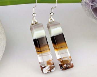 Earth Tone Brown Gold Clear Cream White Sea Glass Look, Fused Glass Dangle Earring Beach Jewelry