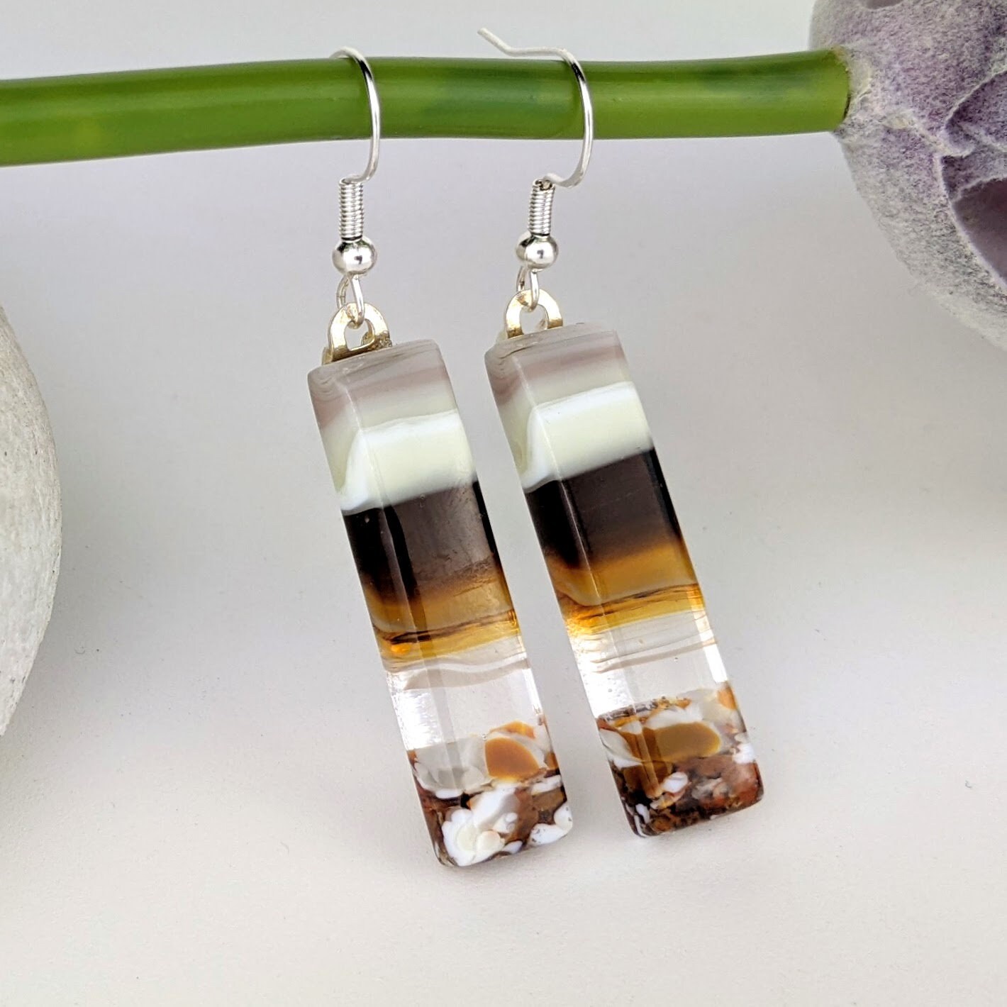 Earth Tone Brown Gold Clear Cream White Sea Glass Look, Fused Glass Dangle Earring Beach Jewelry