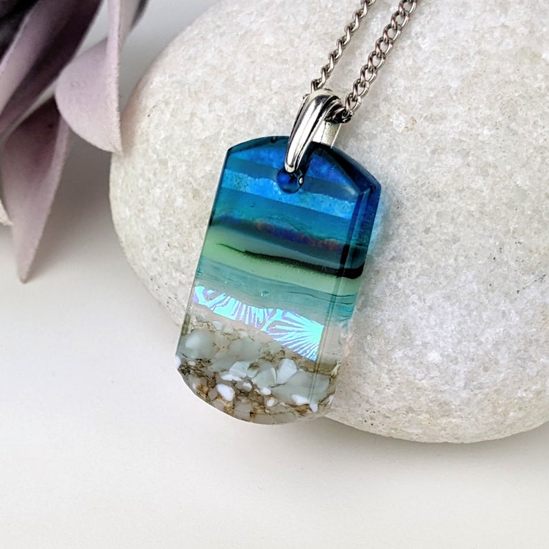 Aqua Turquoise Blue Seascape, Fused Glass Ocean Beach Necklace, Dichroic Aquascape Pendant image 3