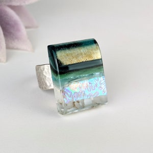 Blue Aquascape Fused Glass Jewel Adjustable Cocktail Ring, Bold Statement Fashion Jewelry