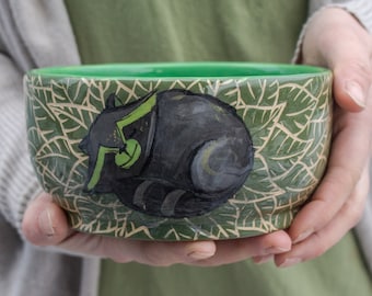 Ceramic bowl 30oz handcrafted  with sleeping raccoon illustration, eco-friendly gift, pottery