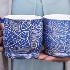 Pottery Ceramic  Mug 10oz 12oz 14oz   With Fish Illustration