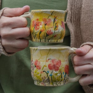 Pottery  set of two mugs Spring Flora  12oz and 14oz Poppy flowers