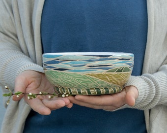 Pottery Ceramic Bowl 24 oz   With Landscape  Fields and Sky Illustration