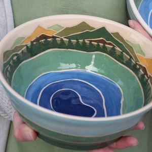 Large 32 oz Pottery Bowl  with Mountains and Forest Lake Illustration