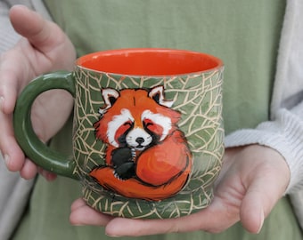 Ceramic mug 12 oz handcrafted tea mug, coffee cup with red panda illustration, eco friendly gift, pottery mug