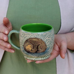 Handmade Ceramic Mug: Sleeping Bear Illustration, Eco Friendly Pottery