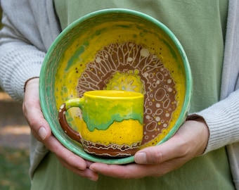 Ceramic bowl 40 oz   and the mug 8 oz "Cells" handcrafted with artisan illustration, eco-friendly gift