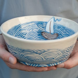 Ceramic bowl 30oz  handcrafted with sailboat illustration, eco-friendly gift