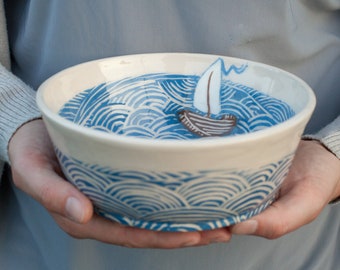 Ceramic bowl 30oz  handcrafted with sailboat illustration, eco-friendly gift