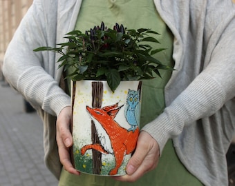 Pottery  Large Vase with  Fox and Owl illustration 7x5"