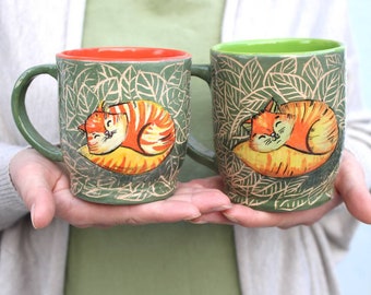 Pottery Mug 14 oz 16 oz with  Ginger Cat in the Forest