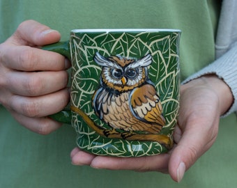 Ceramic mug 9oz , 12 oz,  14 oz  16oz handcrafted tea mug, coffee cup  with Owl illustration, eco friendly gift, pottery mug
