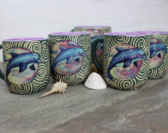Large ceramic mug 14,16,22 oz handcrafted tea mug, coffee big cup  with purple moon and dolphin illustration, eco-friendly gift, pottery mug