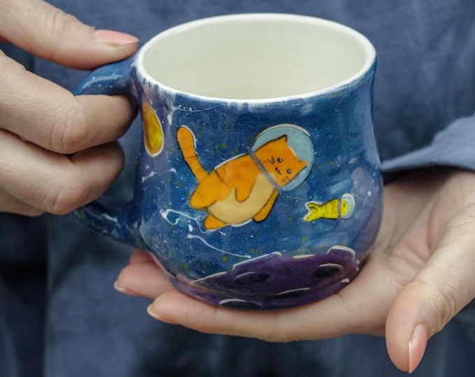 Handpainted Ceramic Mug or Bowl: Cat & Fish Astronauts