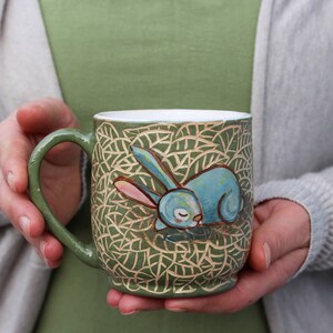 Ceramic mug 14 oz handcrafted tea mug, coffee cup with sleeping rabbit illustration, eco-friendly gift, pottery mug image 8