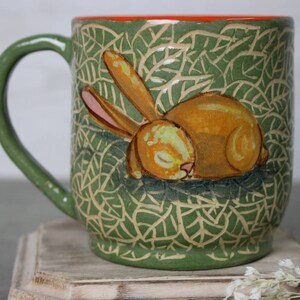 Ceramic mug 14 oz handcrafted tea mug, coffee cup with sleeping rabbit illustration, eco-friendly gift, pottery mug image 3