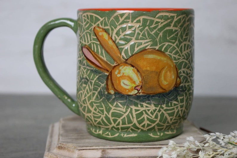 Ceramic mug 14 oz handcrafted tea mug, coffee cup with sleeping rabbit illustration, eco-friendly gift, pottery mug image 3