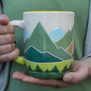 Ceramic Mug 12oz,13 oz, 15oz, Handcrafted Teacup With Mountains and Forest Illustration Eco-friendly Gift Pottery Autumn Mug