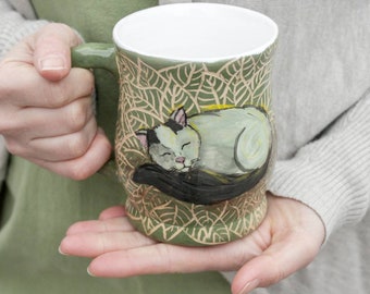 Ceramic Mug 14 oz Handcrafted Tea Cup  With Sleeping Cat Illustration