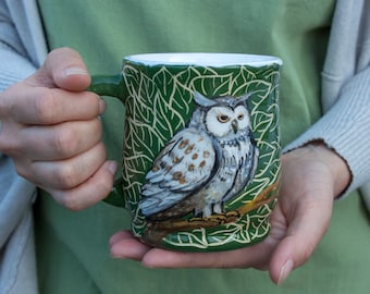 Ceramic mug 9oz , 12 oz,  14 oz  16oz handcrafted tea mug, coffee cup  with Owl illustration, eco friendly gift, pottery mug