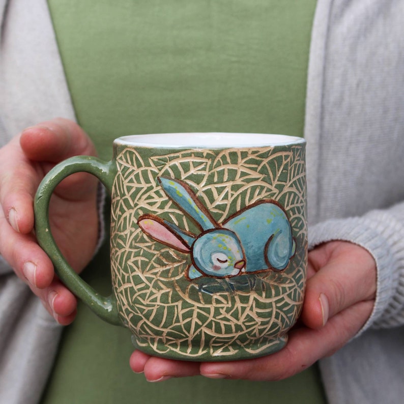 Ceramic mug 14 oz handcrafted tea mug, coffee cup with sleeping rabbit illustration, eco-friendly gift, pottery mug image 2