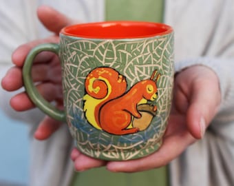 Ceramic mug 12 oz,  14 oz handcrafted tea mug, coffee cup  with squirrel and nut illustration, eco-friendly gift, pottery mug