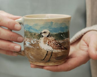 Handcrafted Sandpiper Ceramic Mug: Personalized Pottery Teacup