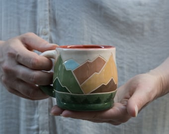 Handcrafted Terracotta Mug: Sgraffito Mountain Illustration, 13-14 oz