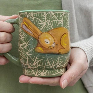 Ceramic mug 14 oz handcrafted tea mug, coffee cup with sleeping rabbit illustration, eco-friendly gift, pottery mug image 1