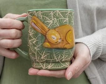 Ceramic mug   14 oz handcrafted tea mug, coffee cup  with sleeping rabbit  illustration, eco-friendly gift, pottery mug