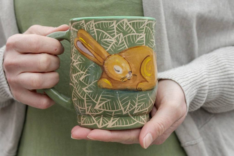 Ceramic mug 14 oz handcrafted tea mug, coffee cup with sleeping rabbit illustration, eco-friendly gift, pottery mug image 1