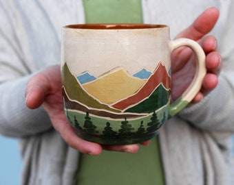 Ceramic Mug 10oz 13 oz 14oz Handcrafted Teacup With Mountains and Forest Illustration Eco-friendly Gift Pottery Autumn Terracotta Mug