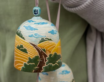 Ceramic Christmas Bells with Ukrainian landscape , Blue and Yellow symbol