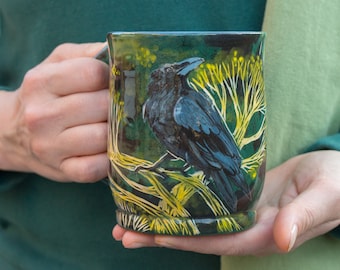 Ceramic Large  Mug  15oz, Handcrafted Teacup With Raven and Forest Illustration Eco-friendly Gift Pottery  Mysterious Mug